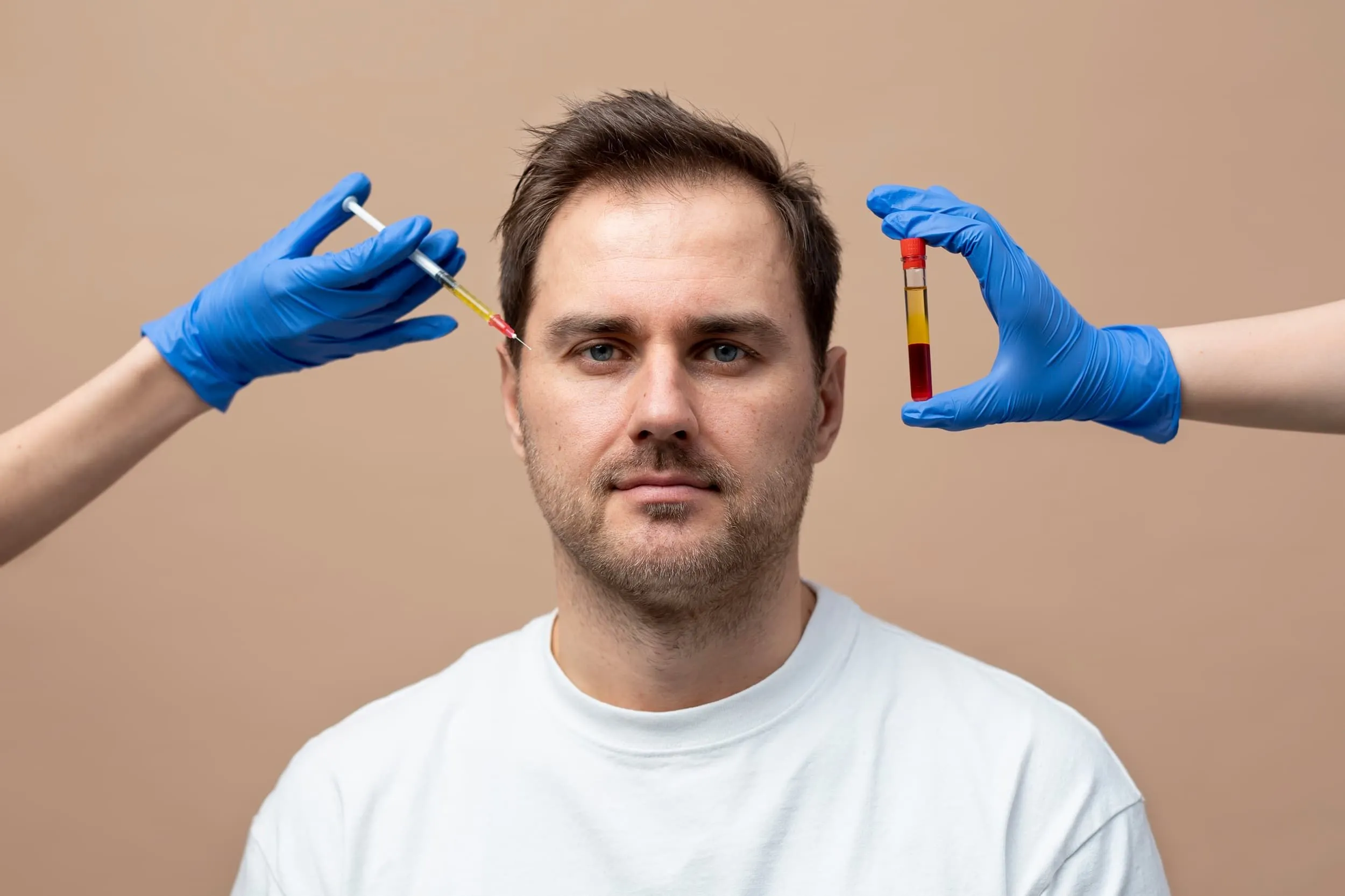 PRP hair restoration treatment session at DSI Hair in Algonquin, Illinois, showing blood draw and scalp injection process